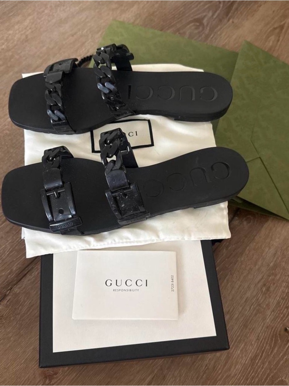 Gucci Black Double Chain Buckle Slide Sandals